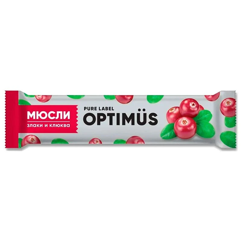 Батончик-мюсли Optimus: «Злаки и клюква», 25 г, 20 шт./уп.